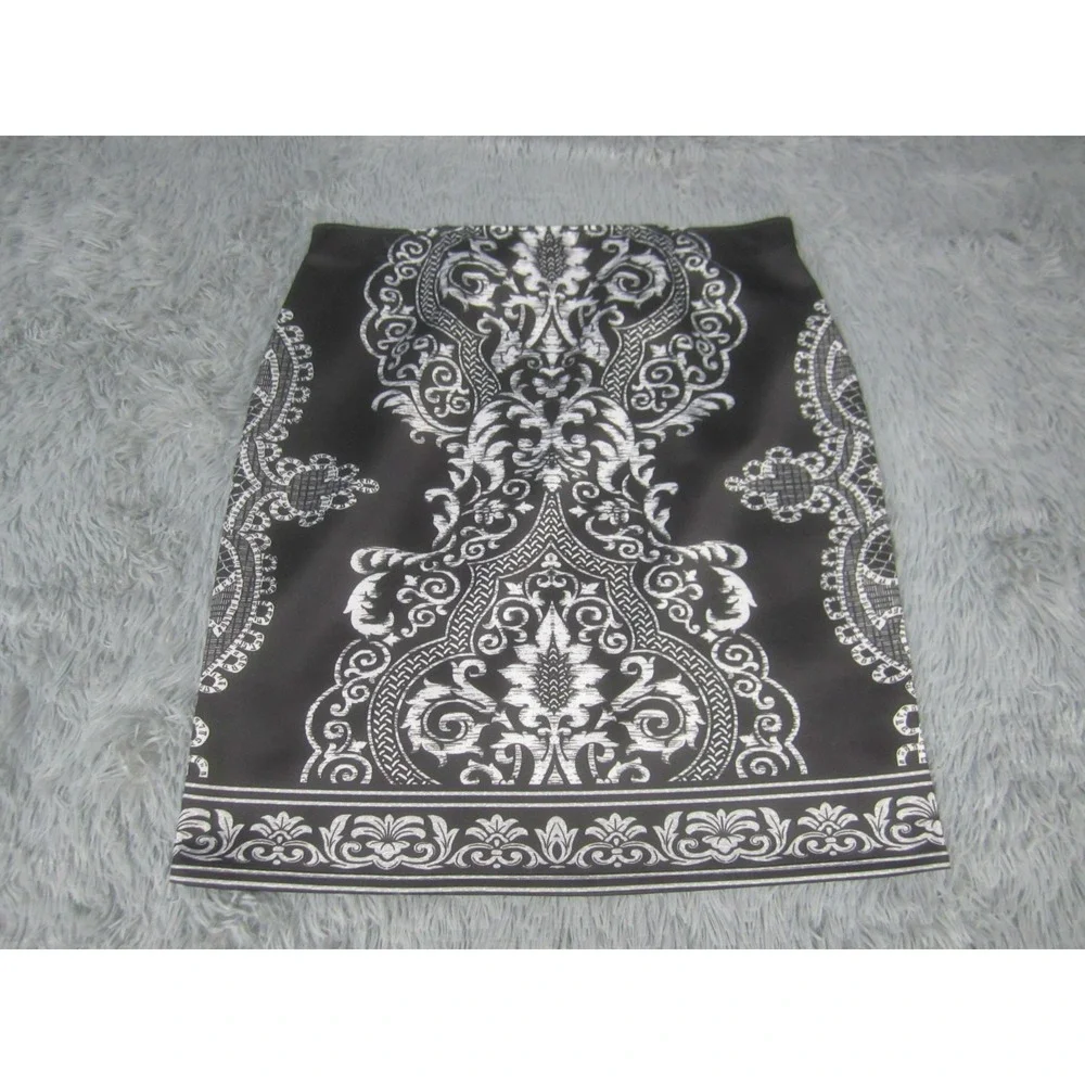 Womens Valerie Stevens XL Black White Patterned Mini Pencil Skirt Ornate Baroque